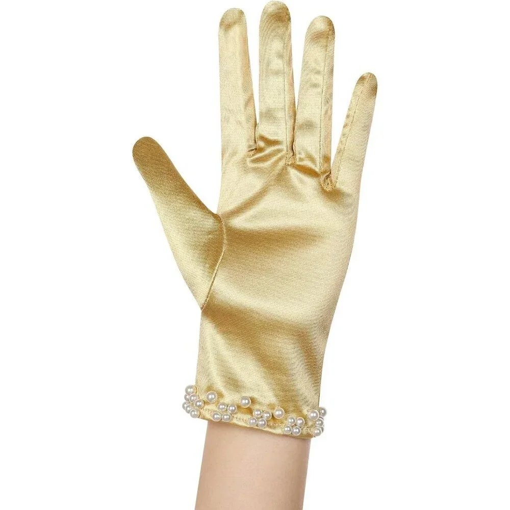 Women's Gold Satin Pearl Short Length Wrist Gloves Wedding Banquet Party Prom
